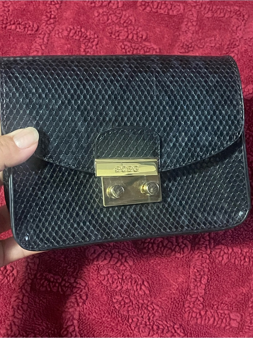 BCBG Black Snake-Embossed Mini Crossbody with Gold Hardware